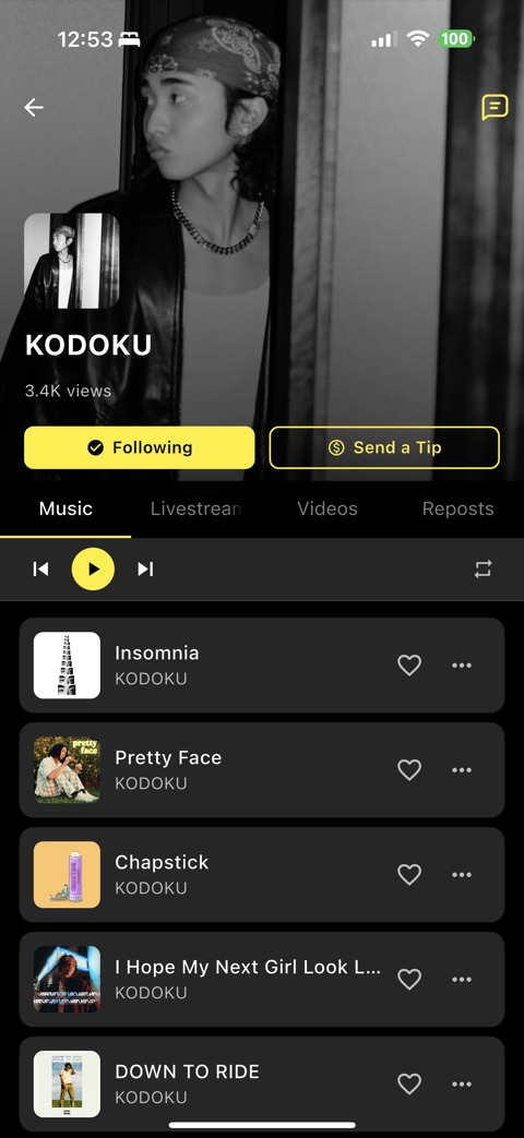 Artist profile with Send a Tip and music, livestreams and videos tabs