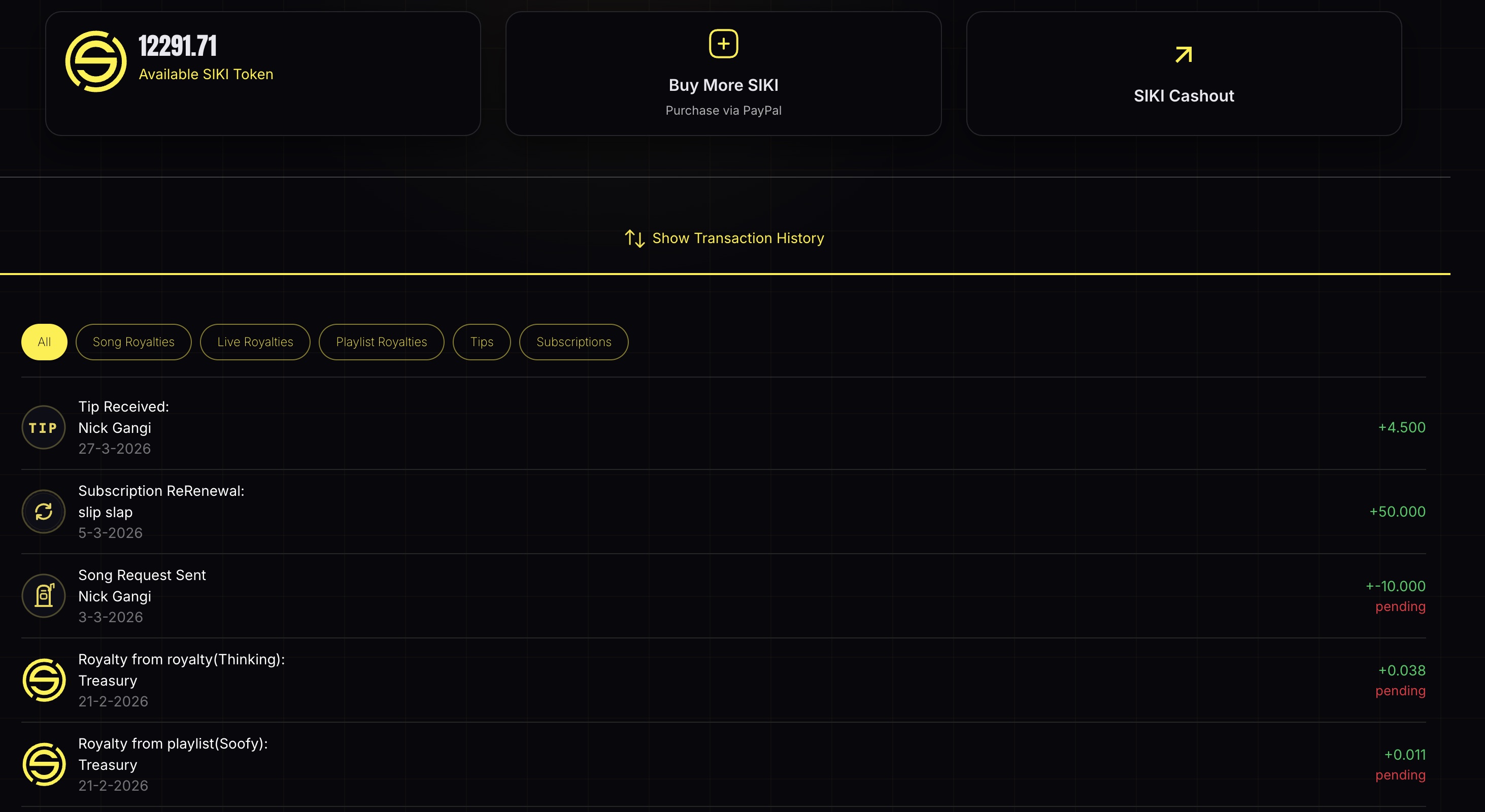SIKI Wallet — royalties, tips, transaction history
